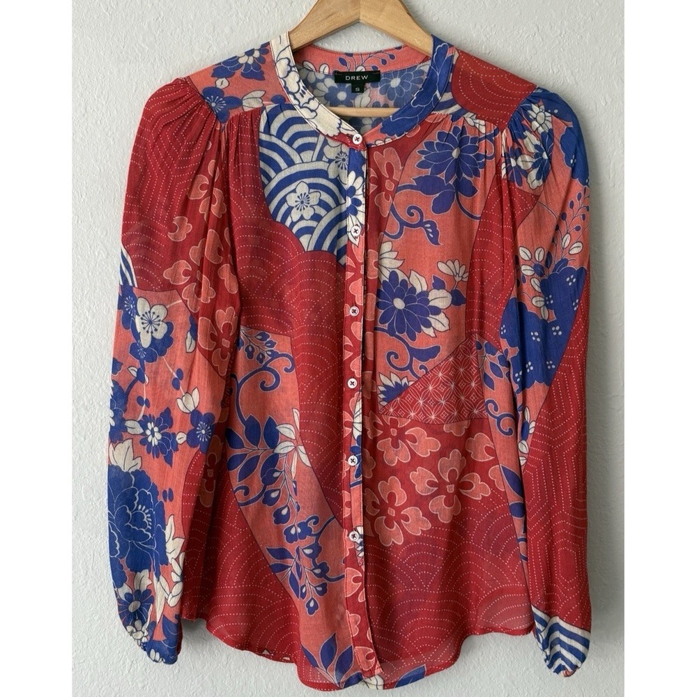 Anthro Drew Boho Patchwork Floral Sheer Blouse Top S Peasant Mixed Print Pink